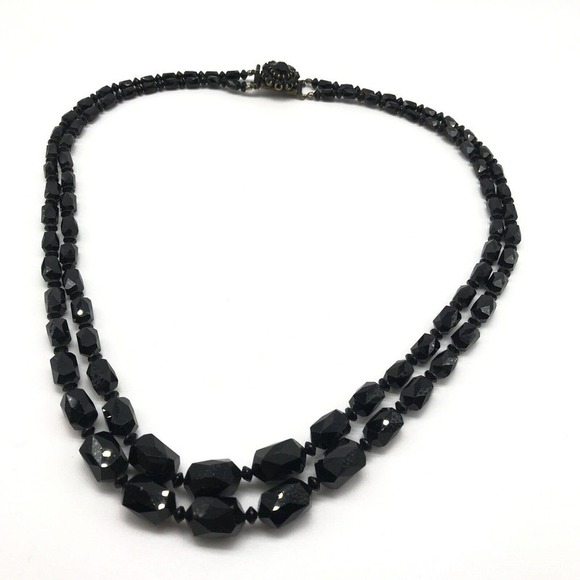 Antique Black Jet Faceted Glass Graduated Double Strand Flower Clasp Necklace - Picture 3 of 8